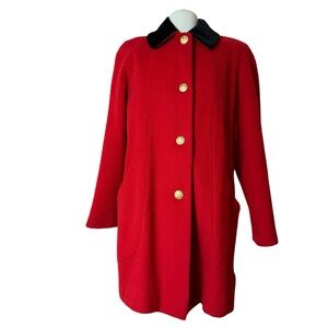 VTG Herman Kay Coat Red and Black Wool  Velvet Collared Women’s Sz 12 Button